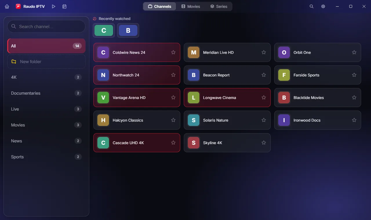 Channel gallery with categories