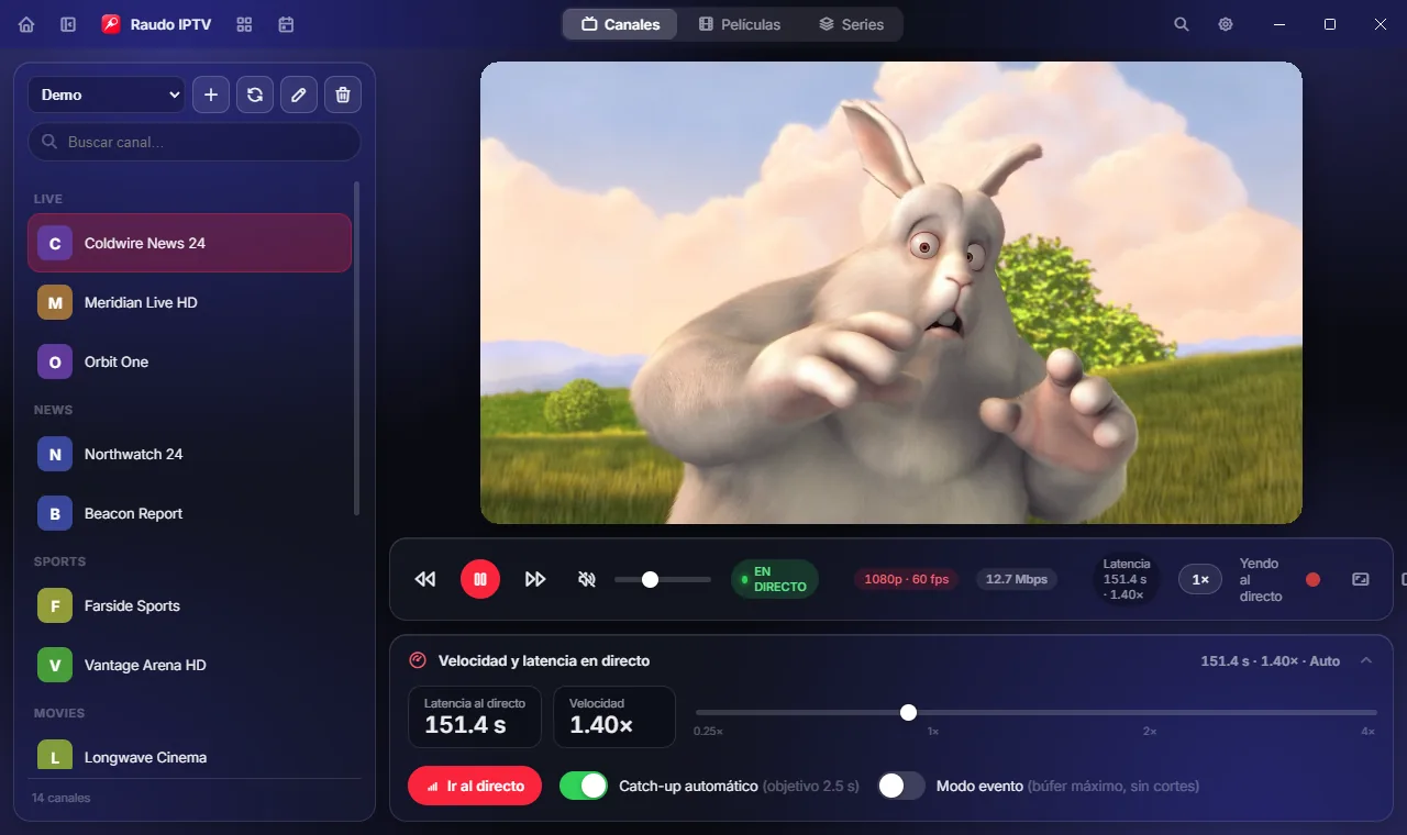 Reproductor de Raudo alcanzando el directo a 1.40×