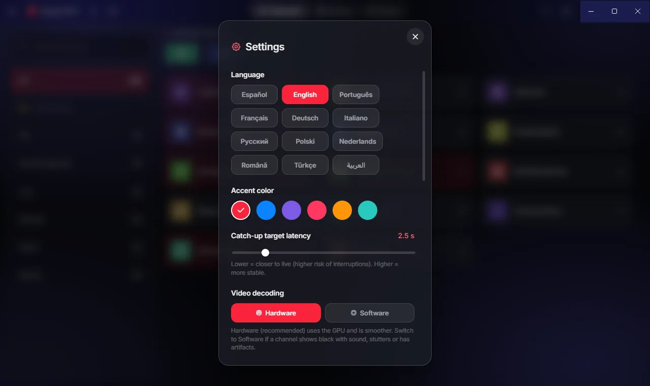 Settings: 12 languages and decoding